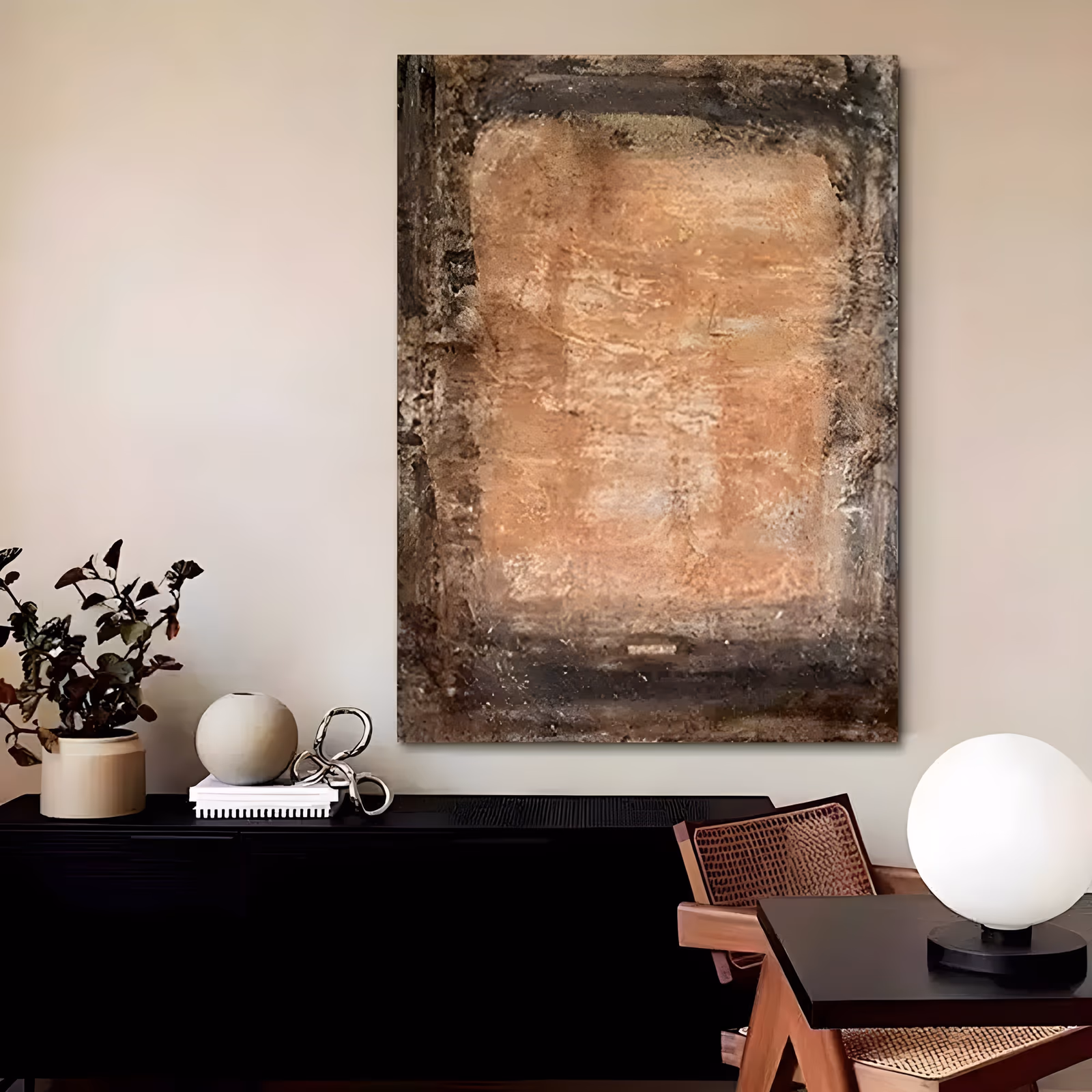 a large vertical textured painting of a terracotta and rust weathered plaster panel framed by a mottled dark brown and black border, built in cracked trowel-laid relief