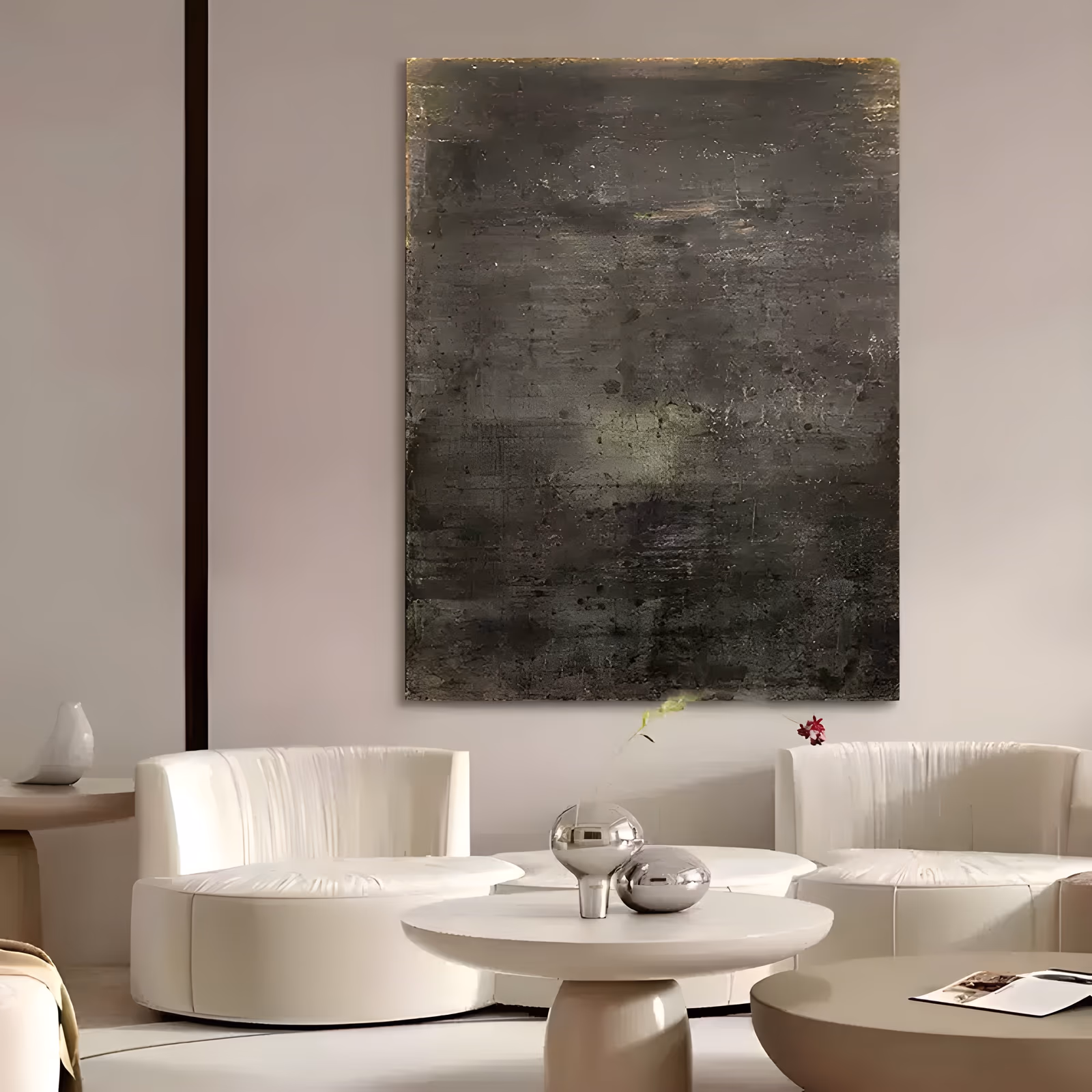 a large vertical wabi-sabi painting of a dark charcoal and moss green field, weathered like aged slate, with a torn band of gold leaf along the top edge, in dry scraped textured paint