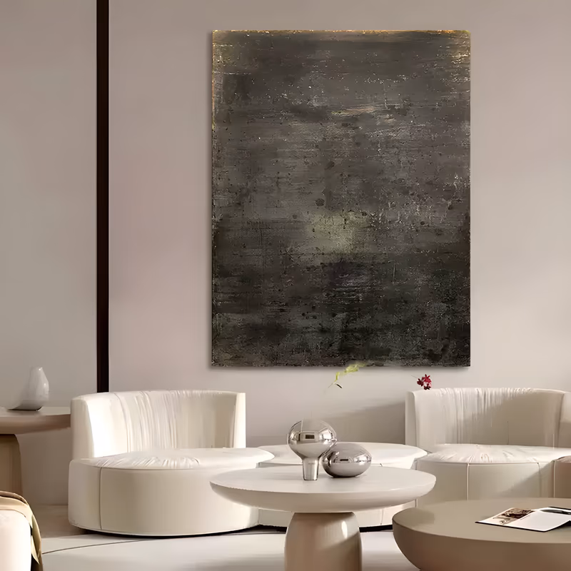 a large vertical wabi-sabi painting of a dark charcoal and moss green field, weathered like aged slate, with a torn band of gold leaf along the top edge, in dry scraped textured paint