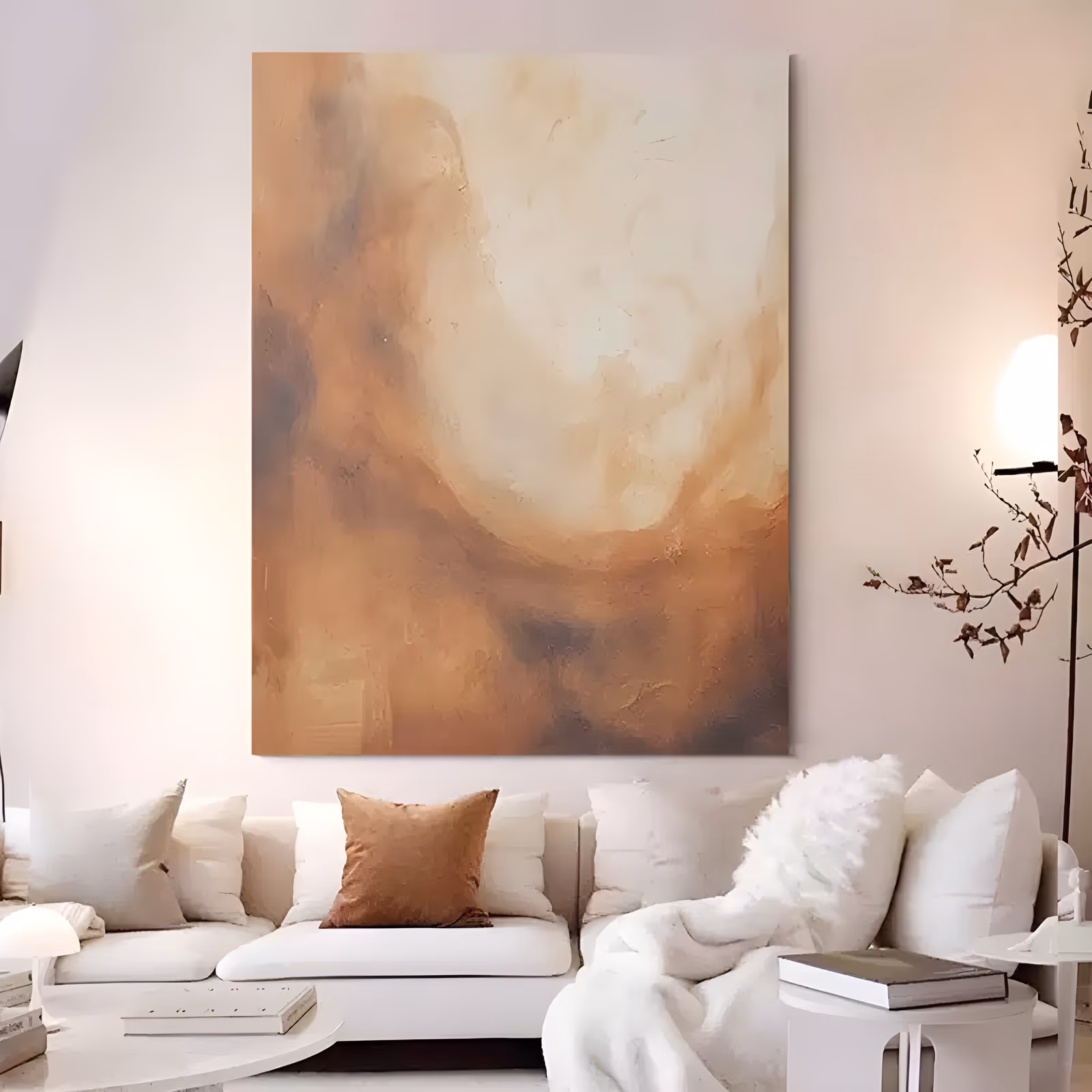 a large vertical abstract painting of a blurred swirl of caramel, tan and cream light curving through the upper half, with a soft gray-blue shadow low on the left, worked in smooth blended oil