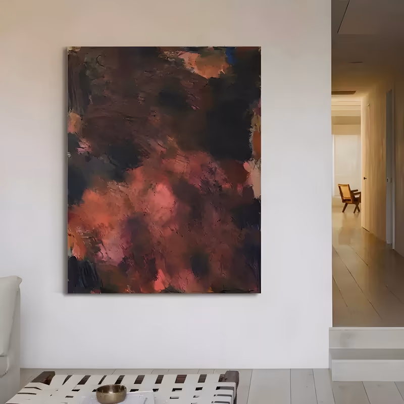 a large vertical abstract painting of rose pink, coral and terracotta blotches blooming through a dark brown and black ground, massed in the lower half, in thick brushed oil