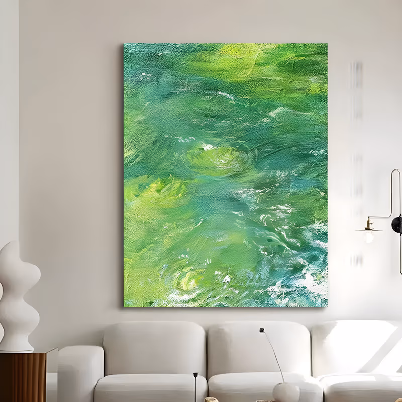 a large vertical abstract painting of a rippling green water surface, emerald, lime and teal strokes turning in slow eddies with white flecks catching the light near the lower edge, in thick palette-knife acrylic