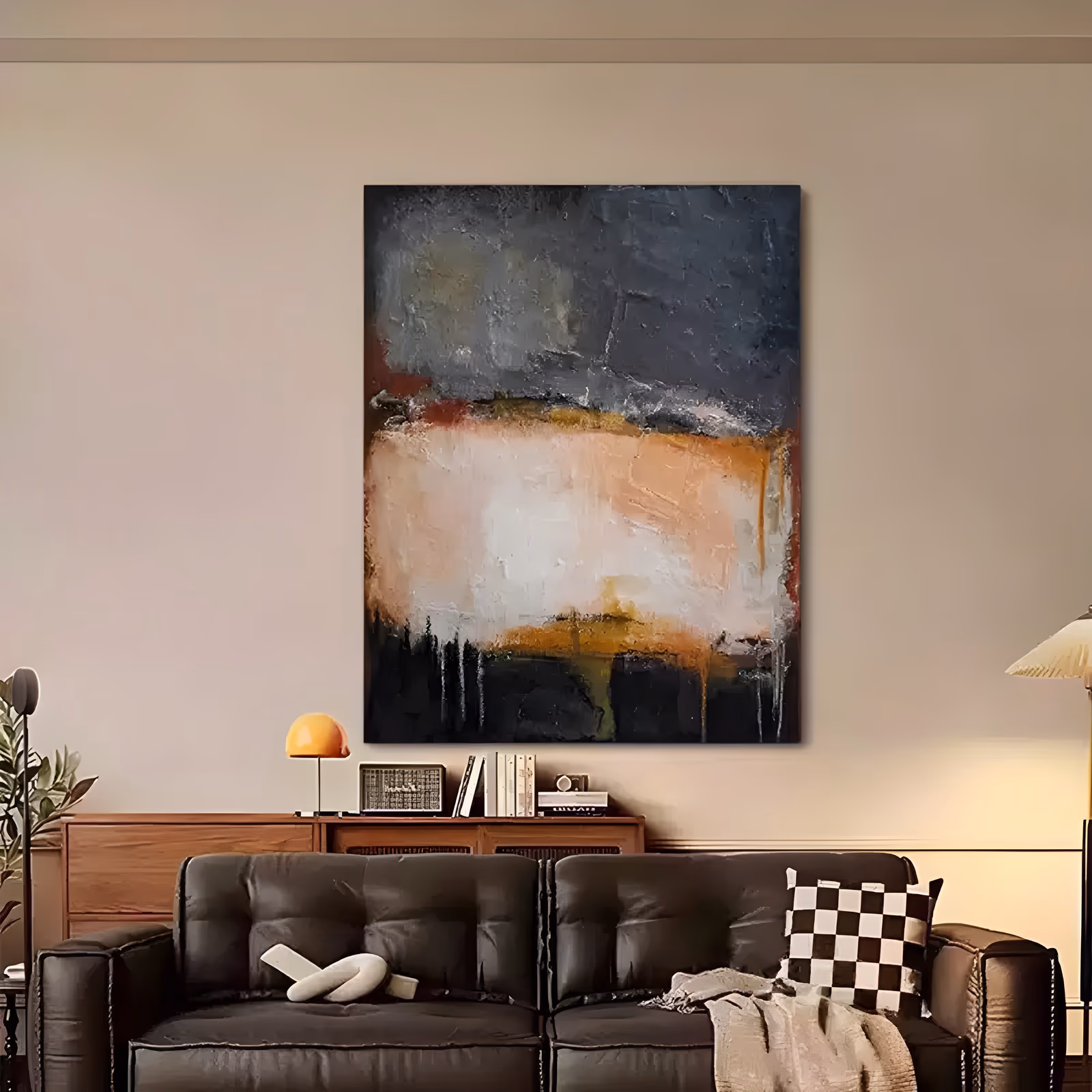 a large vertical abstract painting with a charcoal and navy band along the top, a wide peach and cream center, and a black base edged in ochre with long paint drips, in layered impasto