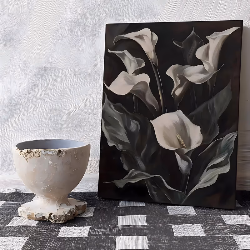 a large vertical realist floral painting of five white calla lilies with curled trumpet petals rising above broad gray-green leaves, set on a black background in smooth oil