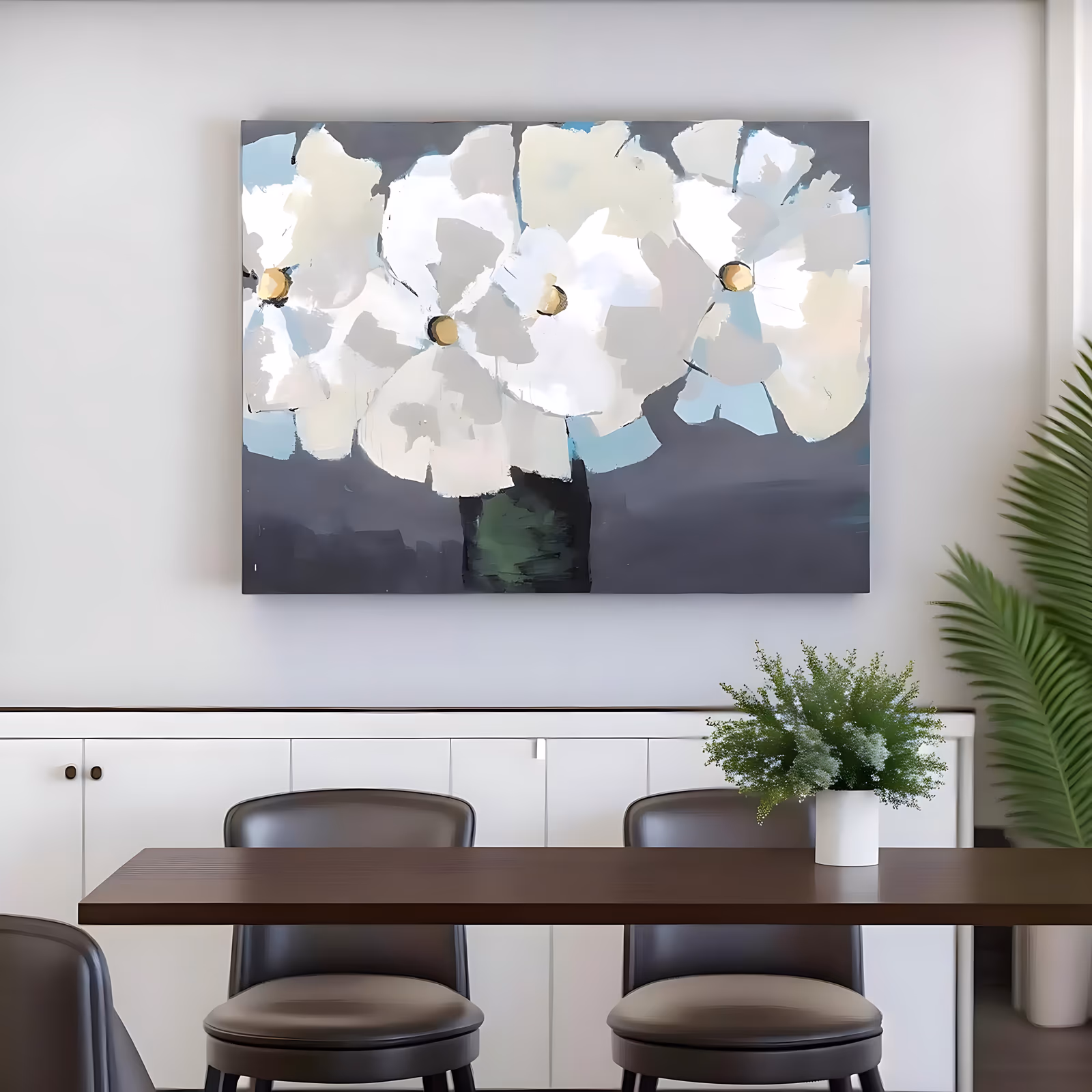 a large horizontal abstract painting of four oversized white poppy-like flowers with round gold centers spread along the top of the frame, above a dark charcoal ground with pale blue and green accents, in flat brushy oil