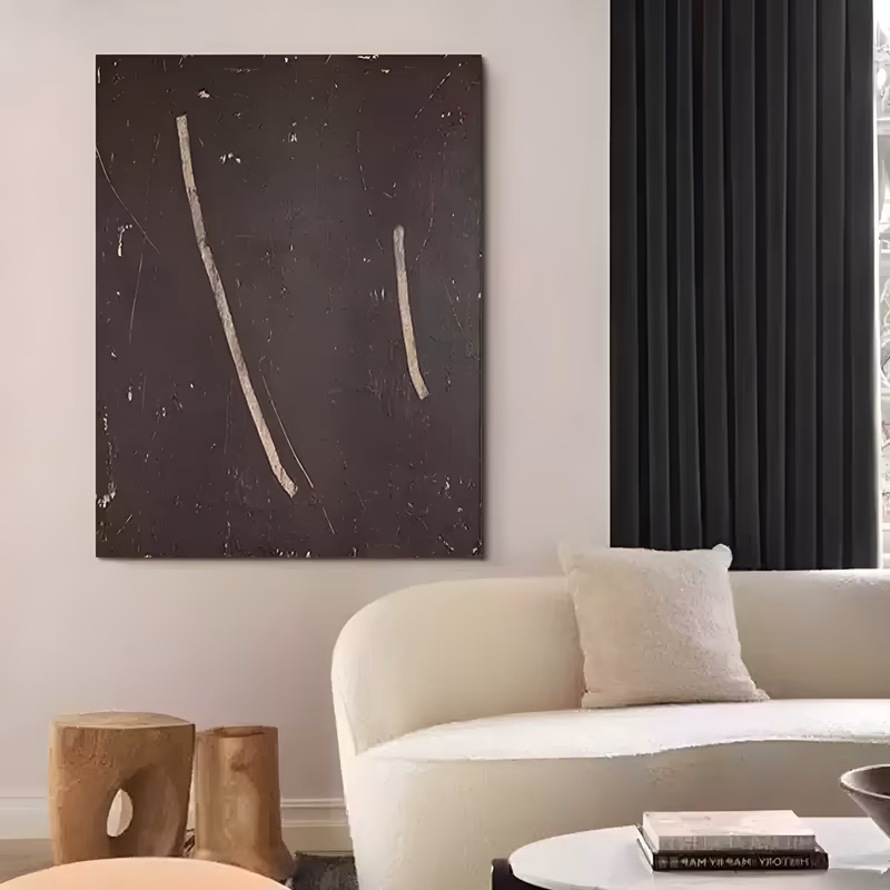 a large vertical minimalist painting of two slim pale cream strokes, one long and curving at left and one short at center right, on a scratched dark chocolate brown field flecked with light marks, in hand-brushed acrylic