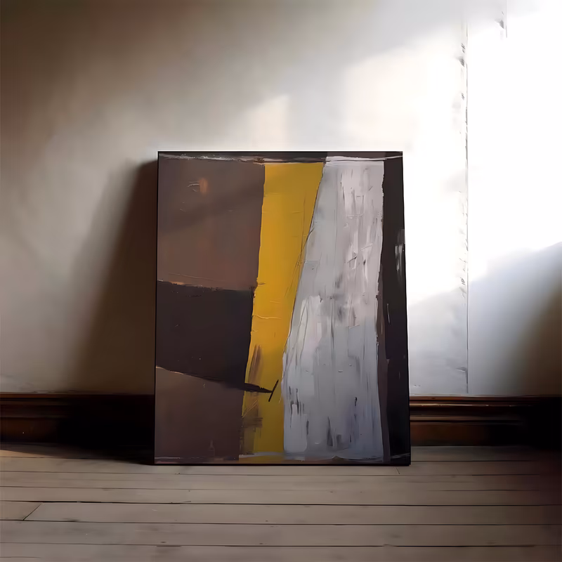 a large vertical abstract painting divided into broad upright blocks of dark chocolate brown, a narrow mustard yellow stripe and a wide pale gray panel, in dragged palette-knife oil