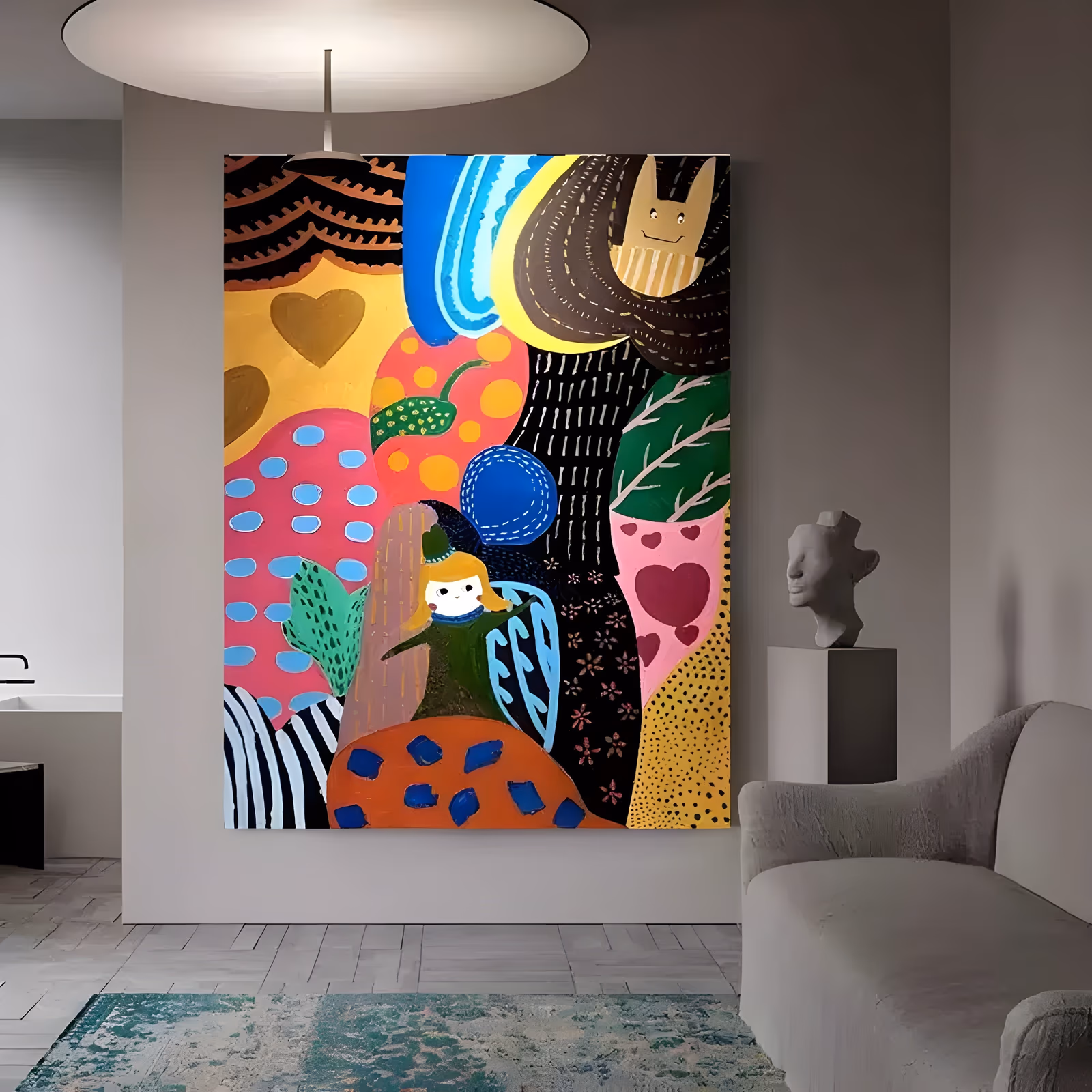 a large vertical folk art painting of a blonde girl in a green hat standing among patterned hills of pink, yellow and black, a tan cat peeking over the top, with hearts, stripes and blue dots in flat acrylic