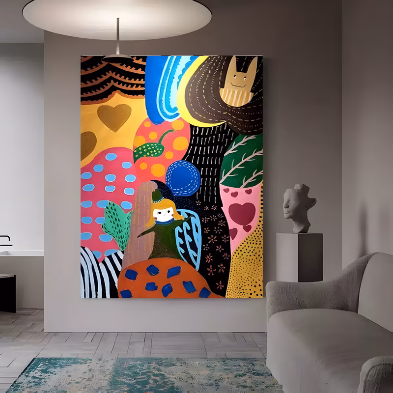 a large vertical folk art painting of a blonde girl in a green hat standing among patterned hills of pink, yellow and black, a tan cat peeking over the top, with hearts, stripes and blue dots in flat acrylic