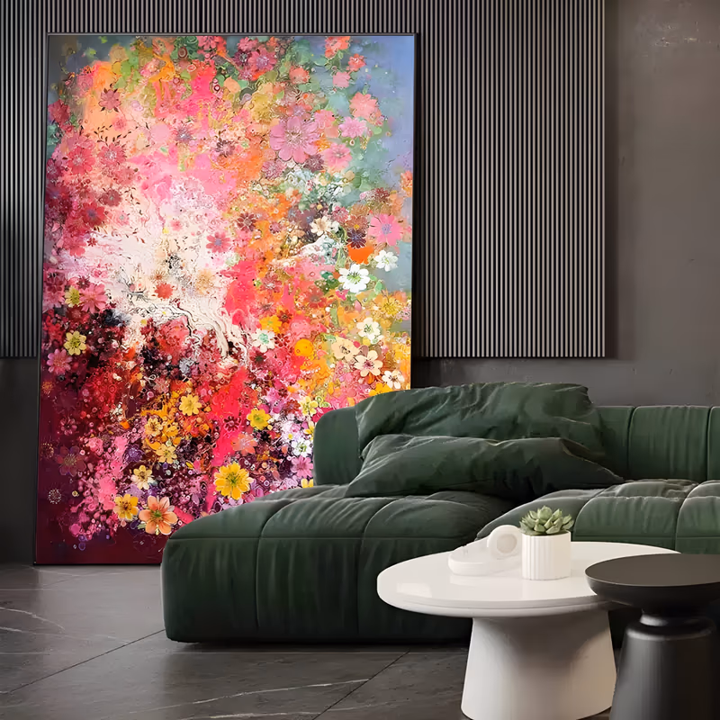 a large vertical maximalist floral painting of hundreds of small blossoms in hot pink, magenta, yellow, orange and white, densest at the lower left and thinning into soft green at the top, in thick paint