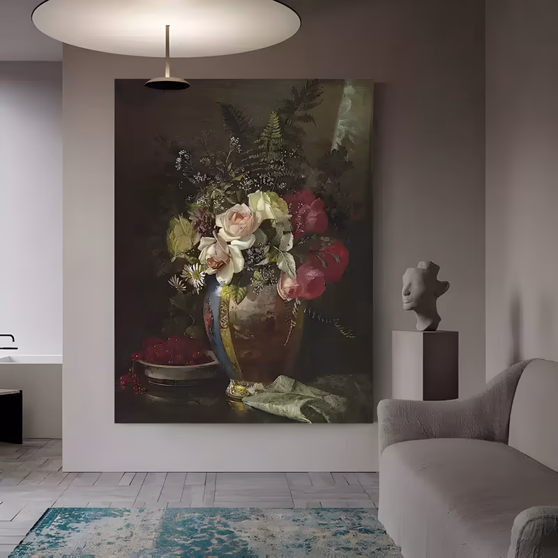 a large vertical realist still life painting of cream and magenta roses with ferns in a patterned ceramic vase, a bowl of dark cherries at its foot, against a deep brown ground, in layered oil