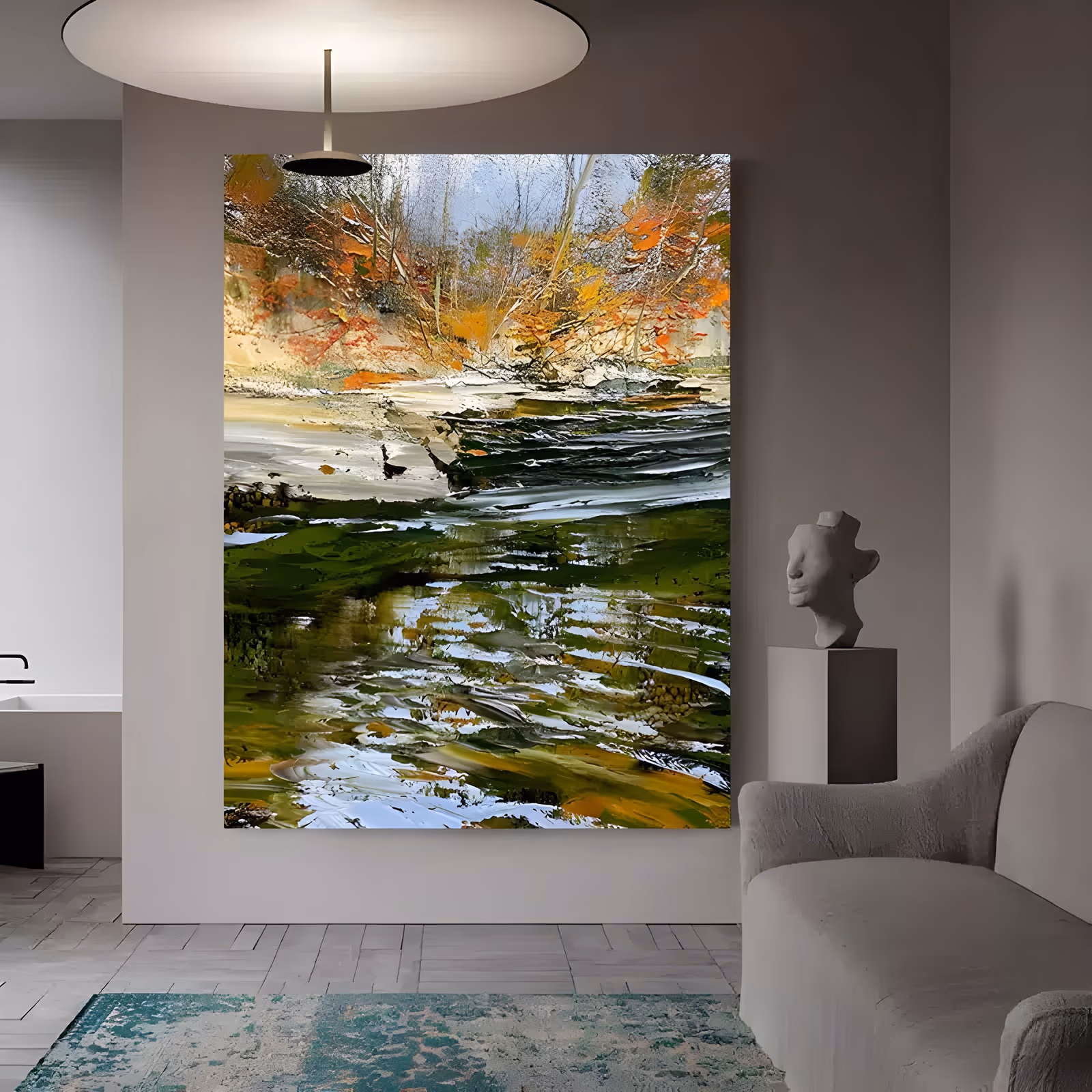 a large vertical impressionist painting of a dark green river filling the lower half in long white and cream knife strokes, with rust orange autumn trees and bare branches above, in thick knife ridges