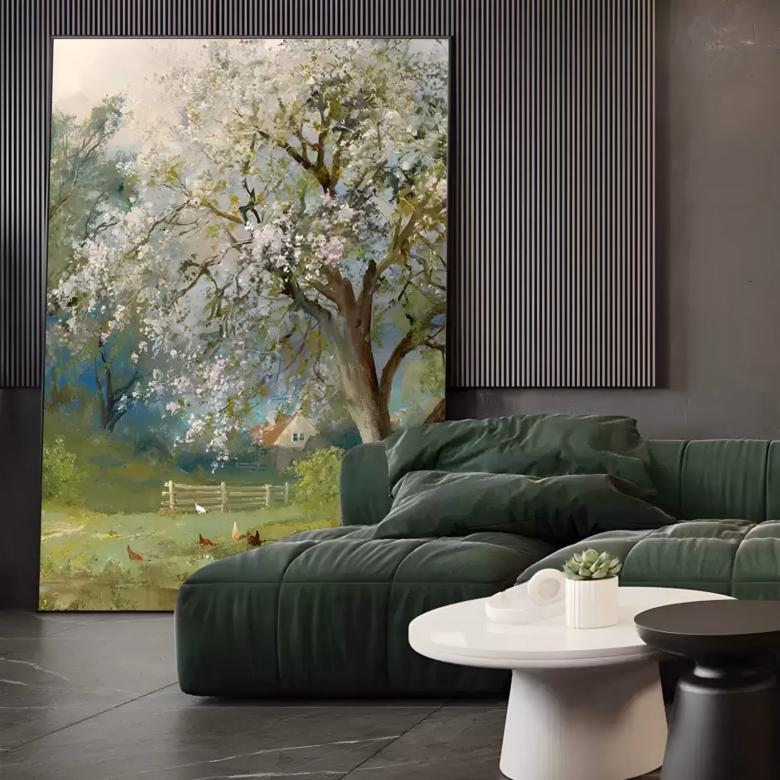 a large vertical impressionist painting of a spring tree in white and pink blossom over a green garden with a small cottage, a wooden fence and chickens on the grass, in soft hand-painted oil