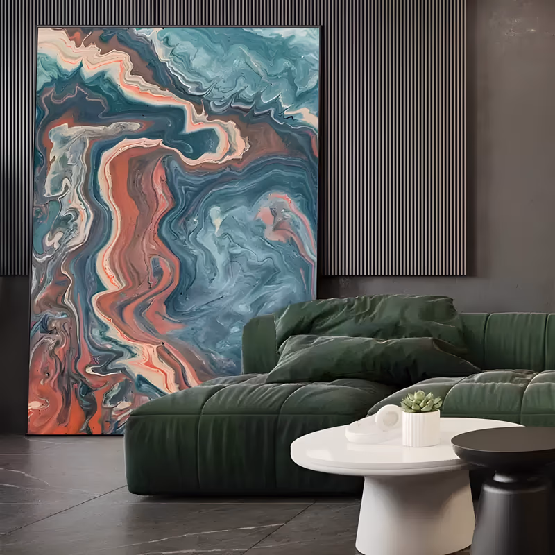a large vertical abstract painting of marbled fluid ribbons in coral red, slate blue and teal that swirl up the canvas over cream and warm brown veining, painted in smooth flat acrylic
