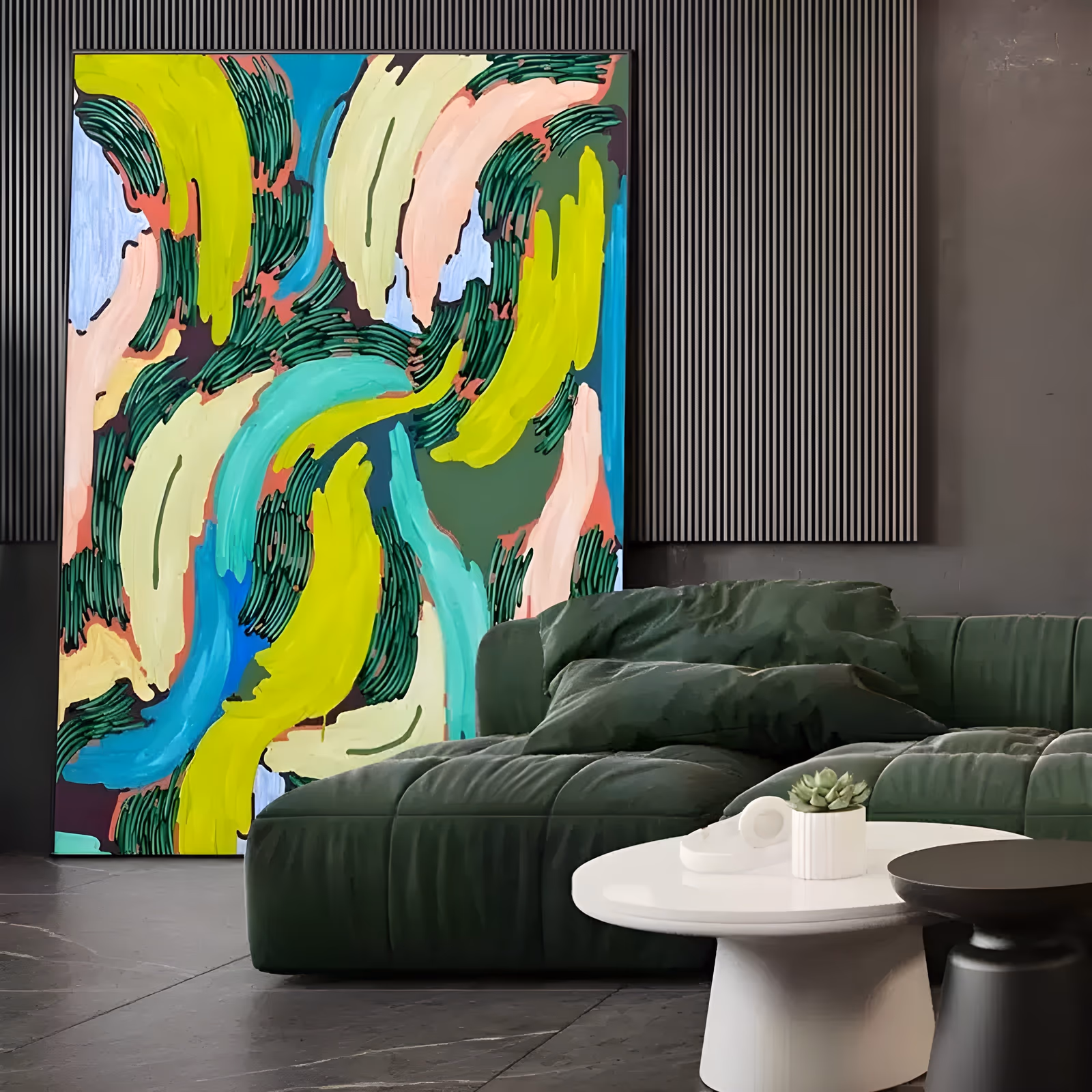 a large vertical abstract painting of broad curved strokes in lime green, turquoise, cream and peach, each outlined with combed dark green ridges, layered over a deep olive ground in thick acrylic