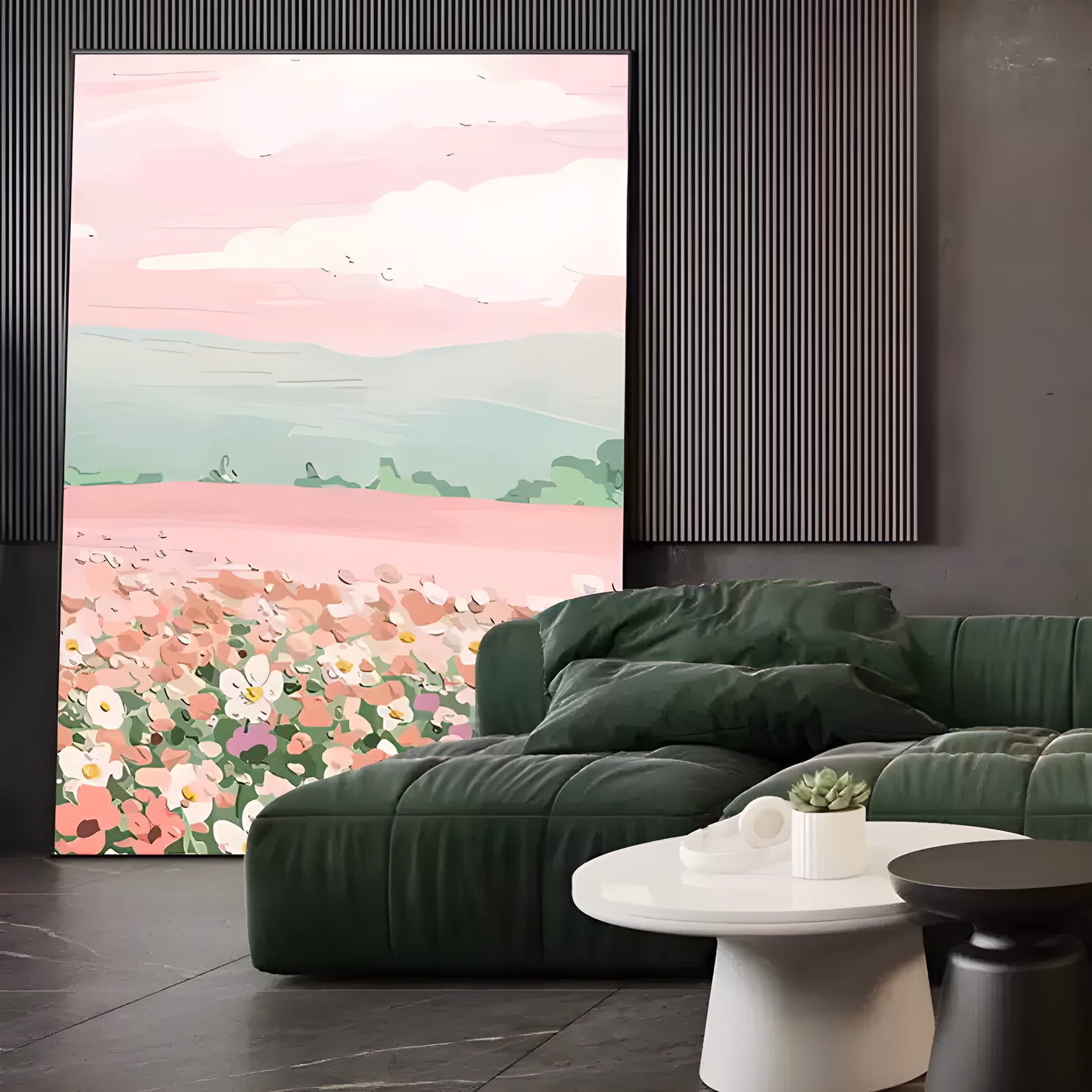a large vertical flat graphic landscape of a coral and white flower meadow in the foreground, mint green rolling hills behind, and a soft pink sky with white clouds and small birds, in smooth flat brushwork