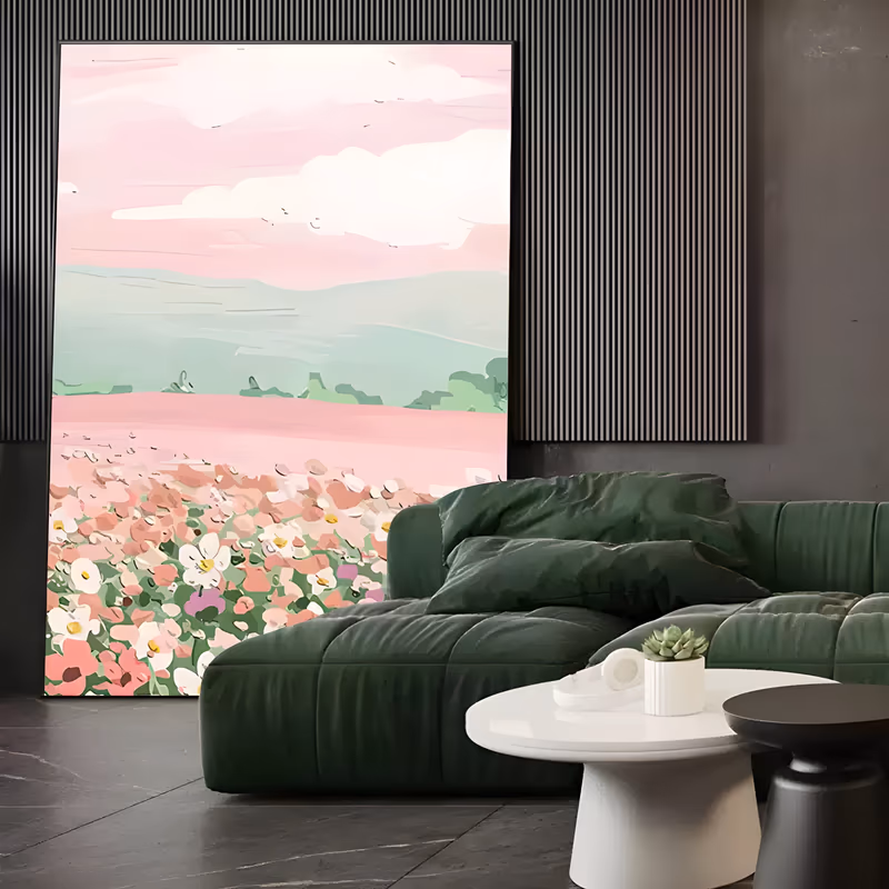 a large vertical flat graphic landscape of a coral and white flower meadow in the foreground, mint green rolling hills behind, and a soft pink sky with white clouds and small birds, in smooth flat brushwork