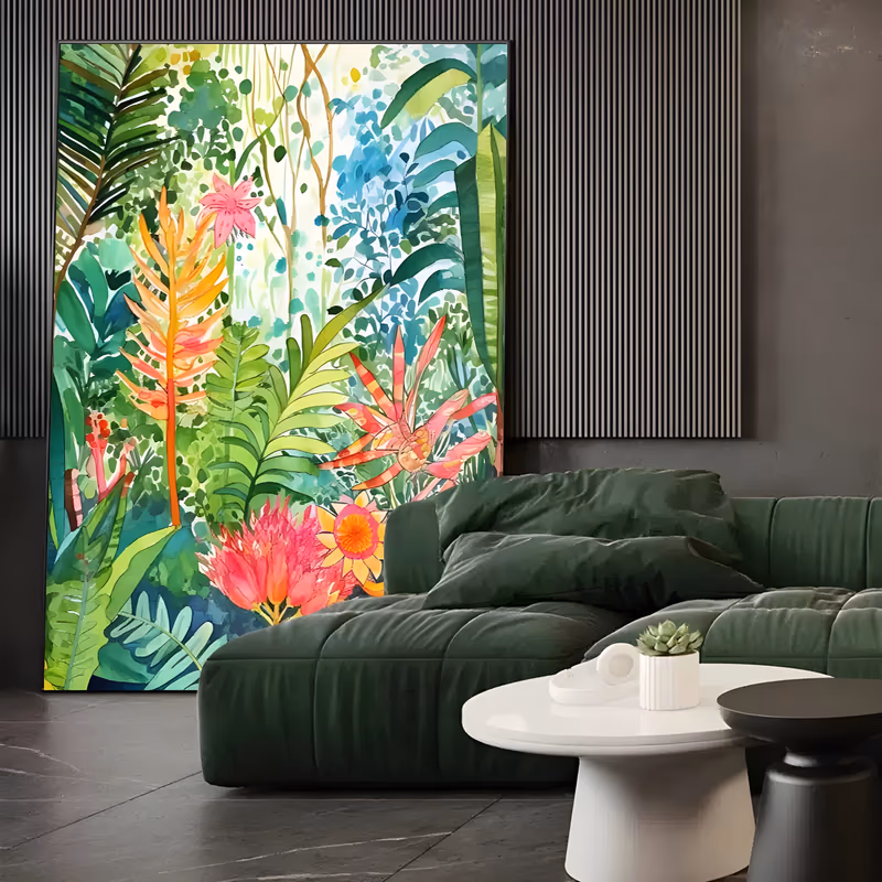 a large vertical painterly canvas of dense tropical jungle with a pink protea, orange heliconia bracts and layered green and teal fern fronds, in loose watercolor-style acrylic