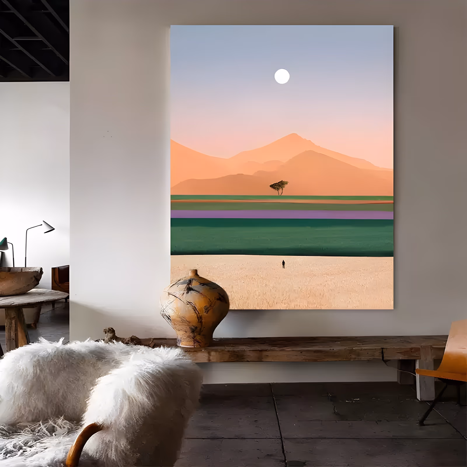 a large vertical minimalist landscape painting of peach desert mountains under a pale blue sky with a white moon, a lone flat-topped tree on green fields above a lilac stripe and a sand plain with one tiny figure