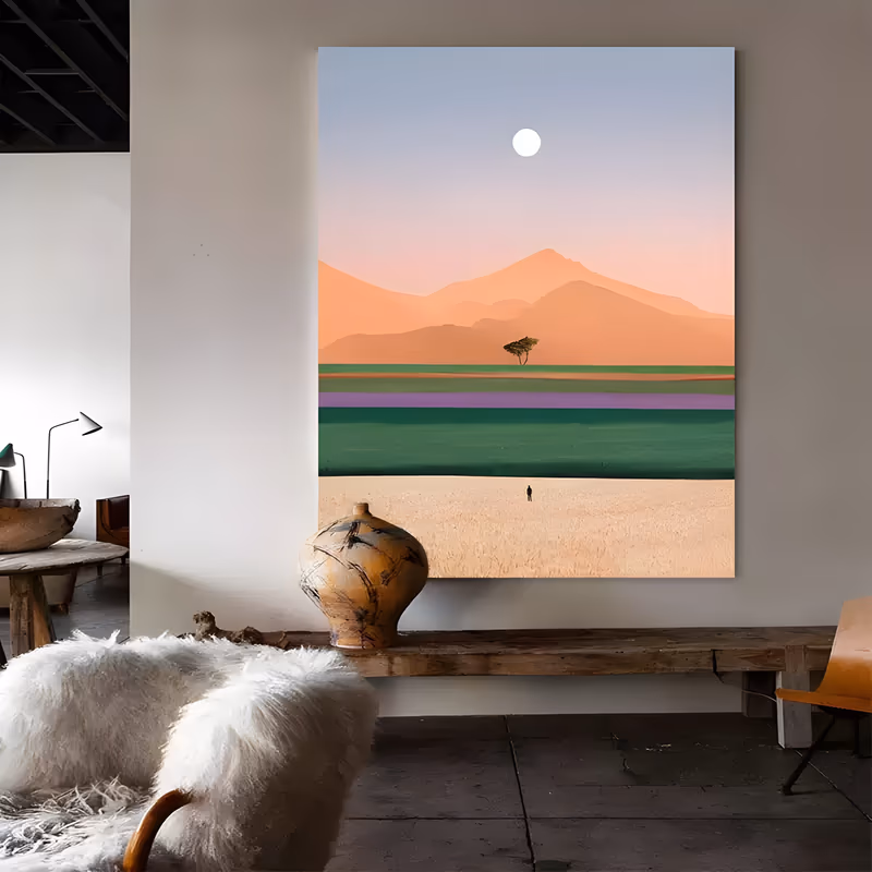 a large vertical minimalist landscape painting of peach desert mountains under a pale blue sky with a white moon, a lone flat-topped tree on green fields above a lilac stripe and a sand plain with one tiny figure