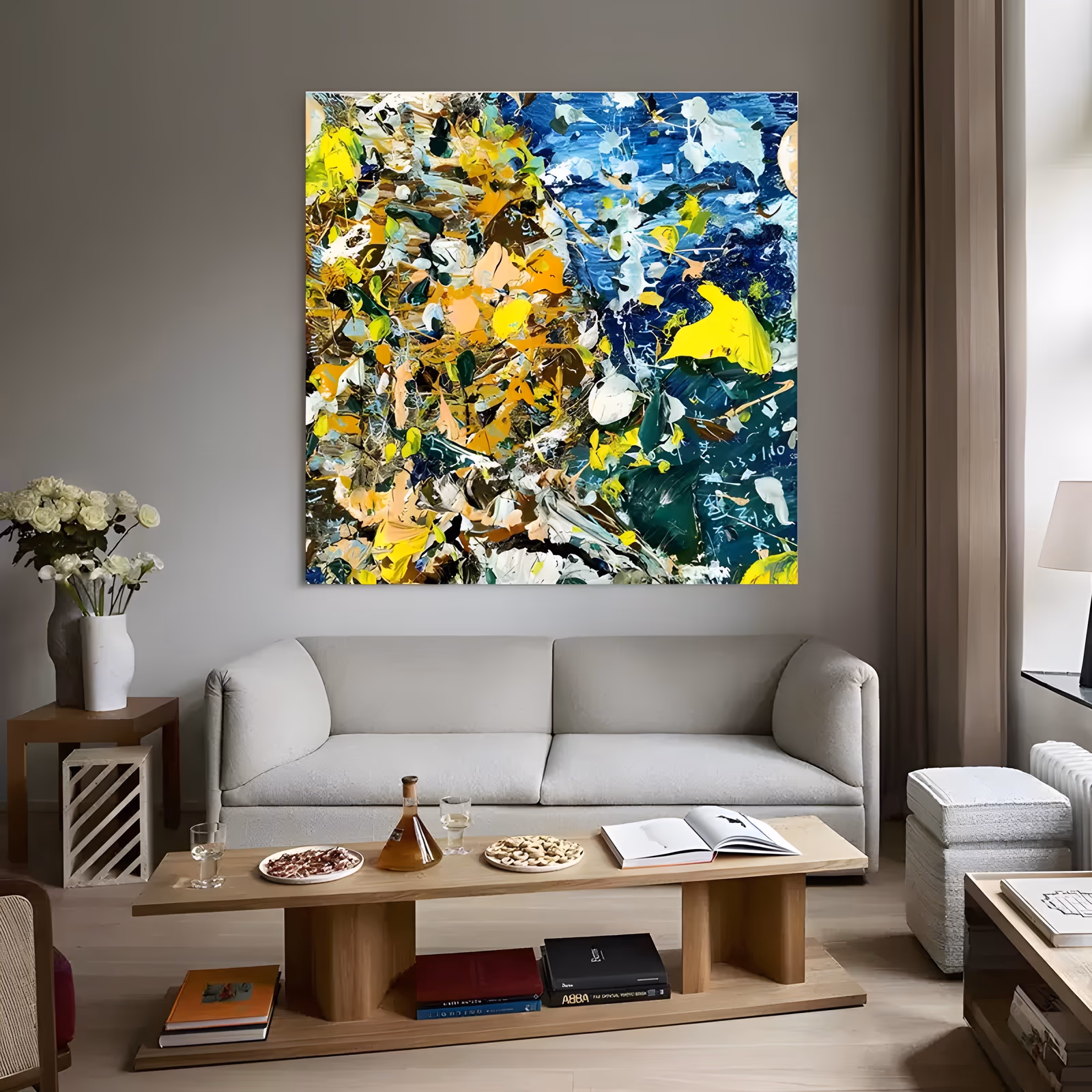 a large square abstract painting of dense yellow, white, olive and deep blue knife flecks scattered like fallen petals over the whole surface, with a teal pool at the lower right, in thick impasto oil