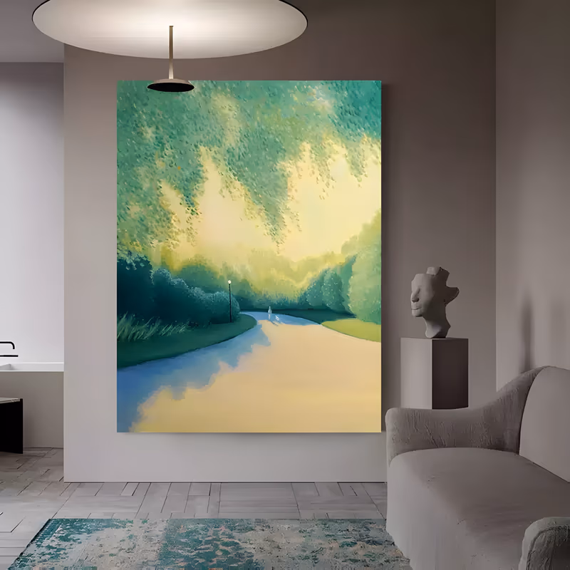 a large vertical impressionist painting of a park path curving into the distance under a canopy of dotted mint green and pale yellow leaves, a lamppost and a tiny white figure at the far end, in smooth flat acrylic