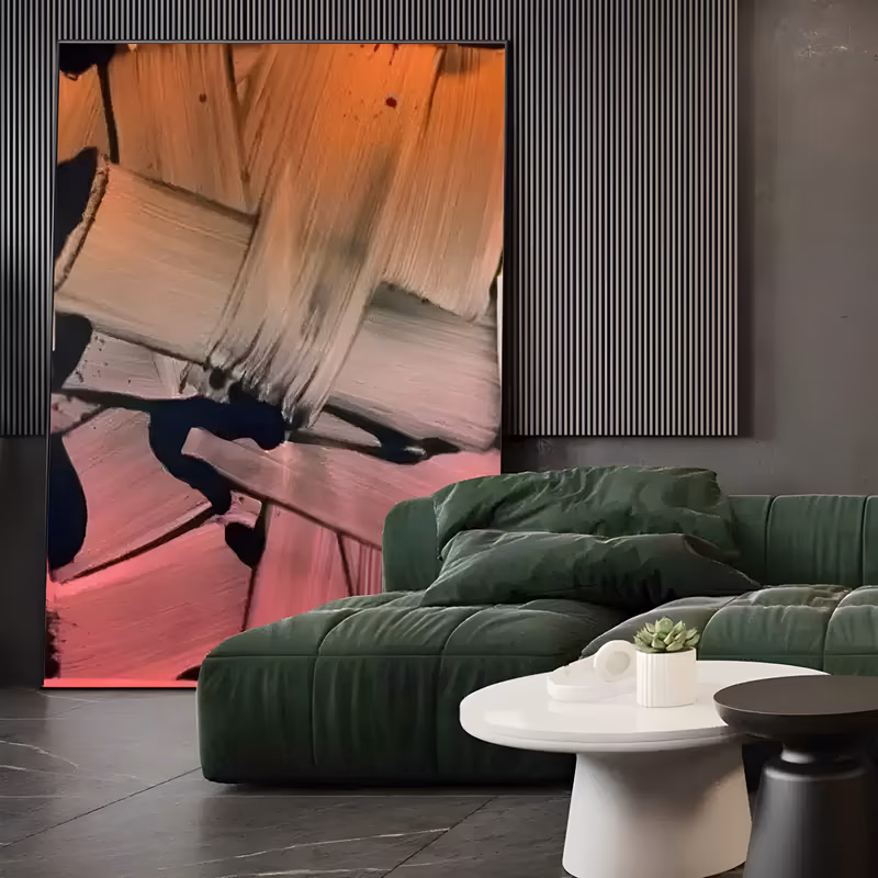 a large vertical abstract painting of broad cream and white brushstrokes sweeping through the middle of the frame, over a coral orange top and hot pink base, with dark navy blobs at lower left, in thick acrylic