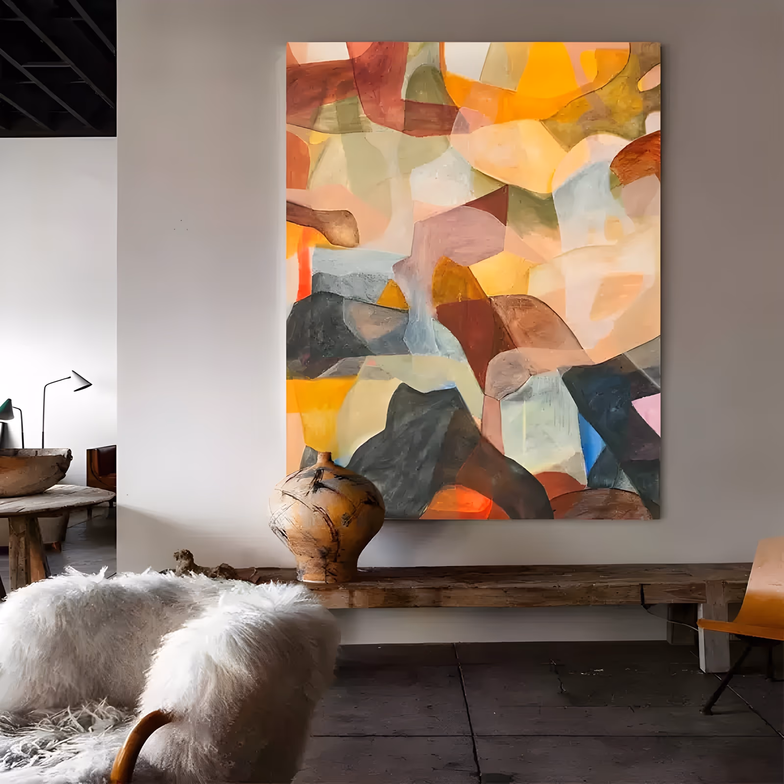a large vertical abstract painting of overlapping faceted curved shapes in ochre, mustard, terracotta, sage green, pale pink and gray-blue, layered like torn paper, in matte oil