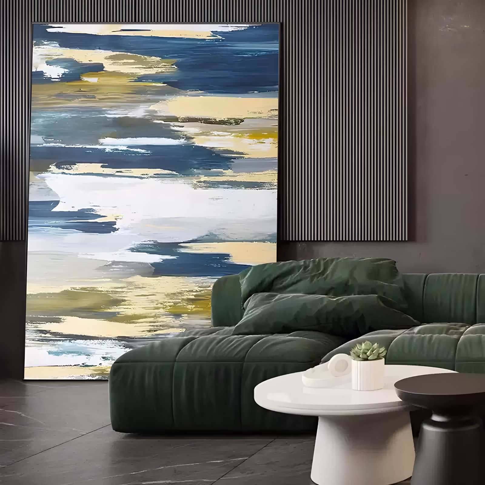 a large vertical abstract painting of broad horizontal knife strokes in navy blue, pale gold, white and gray, layered like a distant shoreline, with ridged edges where each pass overlaps, in thick impasto