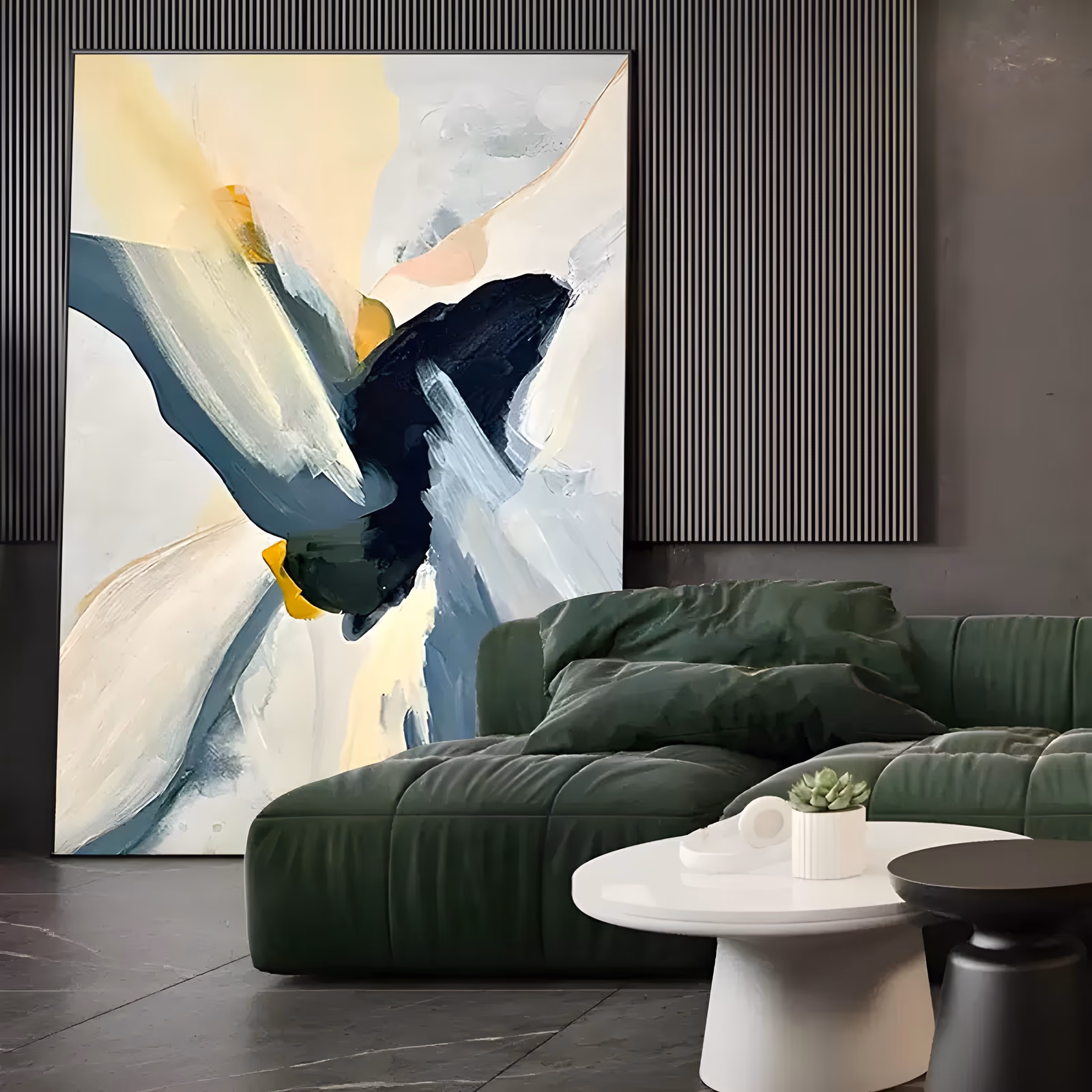 a large vertical abstract painting with a broad slate blue and near-black brushstroke curving through the center over cream, pale yellow and peach fields, with one small chrome yellow mark below, in thick oil impasto