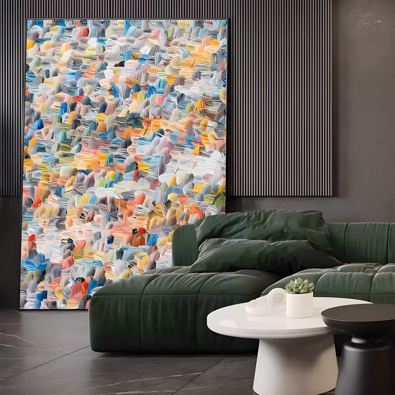 a large vertical abstract painting covered in small overlapping palette-knife dabs of white, sky blue, coral, yellow, pink and gray, packed into a dense mosaic field with no single focal point, in ridged acrylic