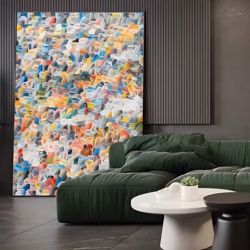 a large vertical abstract painting covered in small overlapping palette-knife dabs of white, sky blue, coral, yellow, pink and gray, packed into a dense mosaic field with no single focal point, in ridged acrylic