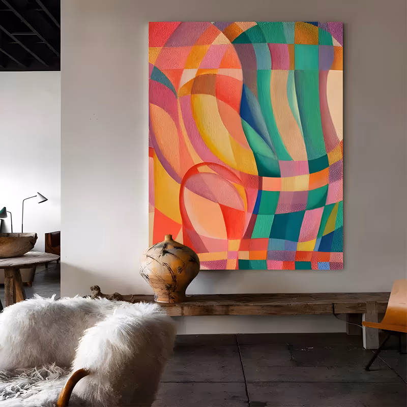 a large vertical geometric abstract painting of interlocking curved arcs and checkerboard squares in hot pink, coral orange, emerald green, teal and yellow, with a peach oval at the center, in matte brushed acrylic