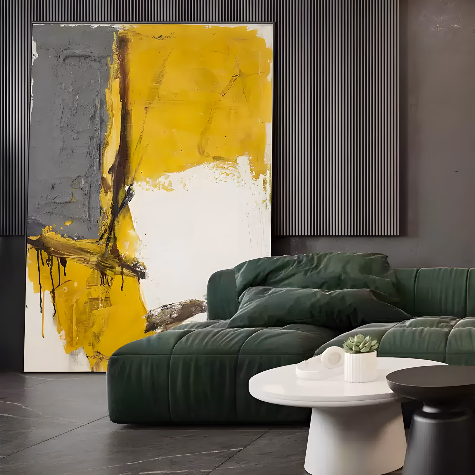 a large vertical abstract painting with a scraped gray plaster panel on the left, a broad yellow field on the right and white below, crossed by a dark brown drip mark, in raised knife-applied texture