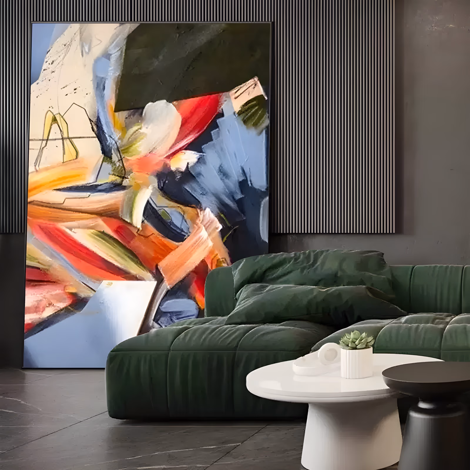 a large vertical abstract painting of sweeping red, coral, orange, cream and slate blue brushstrokes fanning out from the lower left under a dark olive block, with thin drawn lines, in loose palette-knife oil