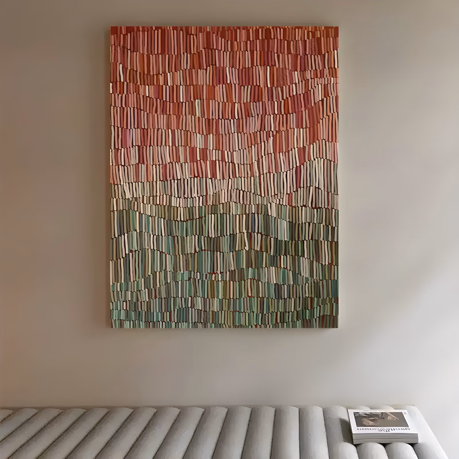 a large vertical abstract painting made of thousands of short vertical dashes in rows, shifting from brick red and terracotta at the top into sage green and cream below, in thick knife-laid paint