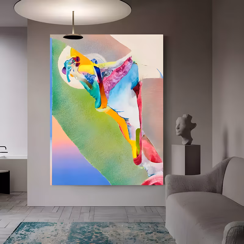 a large vertical abstract painting of a stylized figure reclining on a chartreuse diagonal band, limbs picked out in yellow, pink and turquoise against lilac and cream, in flat hand-painted color