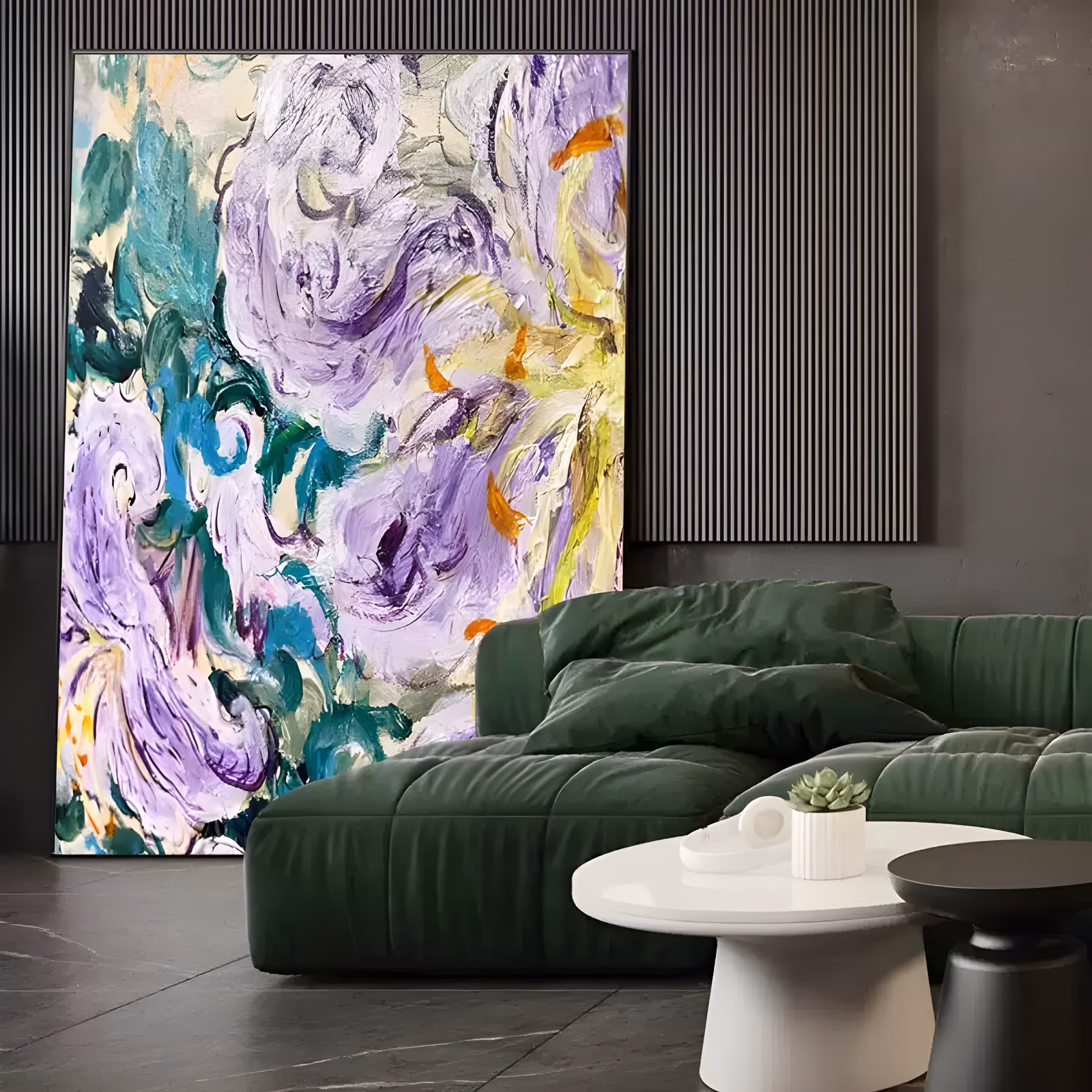 a large vertical abstract floral painting of swirling lavender and violet petals with deep teal and green leaves curling between them, small orange flecks scattered over a cream ground, in thick impasto