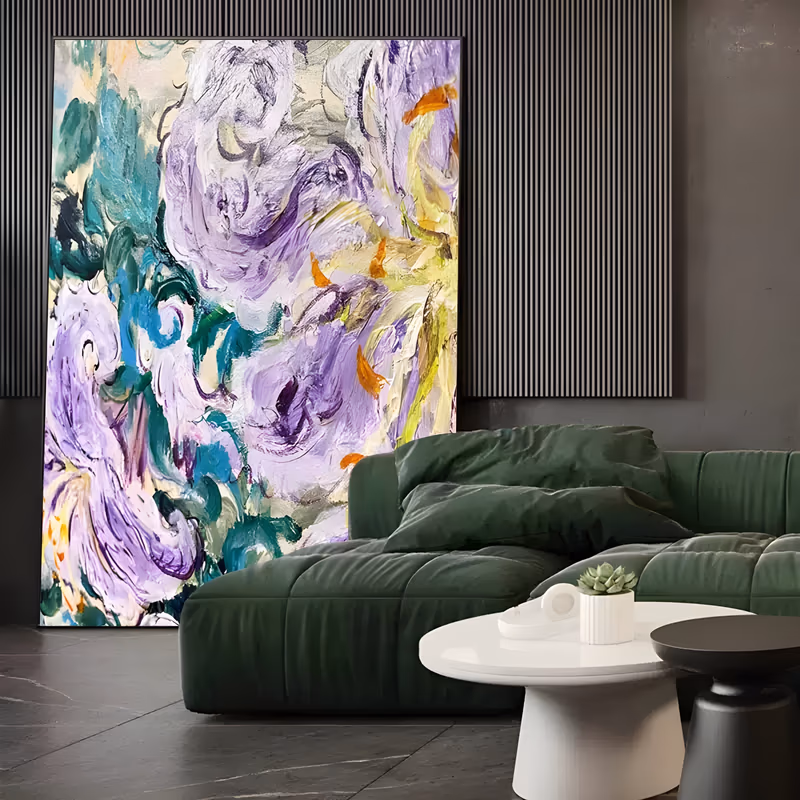 a large vertical abstract floral painting of swirling lavender and violet petals with deep teal and green leaves curling between them, small orange flecks scattered over a cream ground, in thick impasto