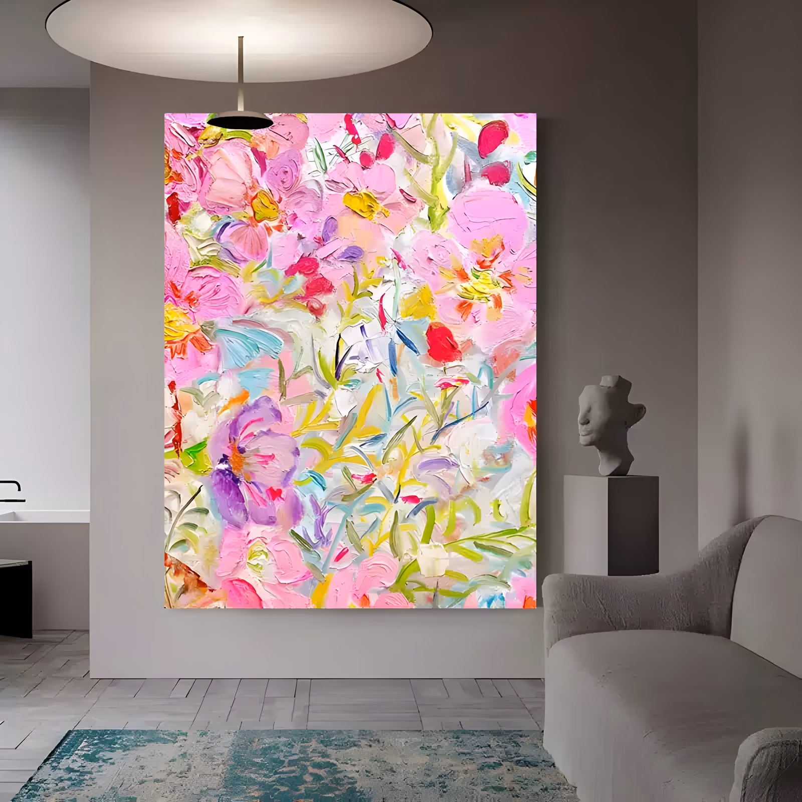 a large vertical floral painting of massed pink, white and pale yellow blossoms with a single violet iris low on the left and thin green leaves between them, built in ridged palette-knife impasto