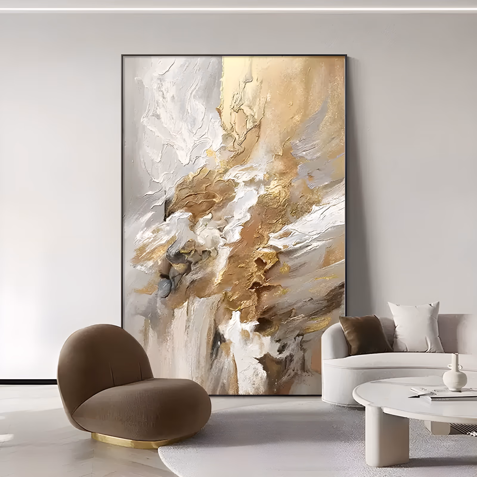 a large vertical abstract painting of thick white, champagne and gold knife strokes rising through the center on a soft gray ground, worked in heavy impasto with metallic gold veins