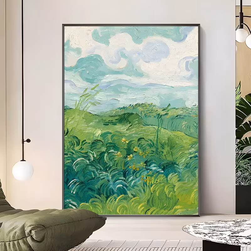 a large vertical impressionist painting of a green wheat field worked in short curling brushstrokes with small yellow flowers, below a swirling turquoise and white cloud sky, in thick directional oil paint