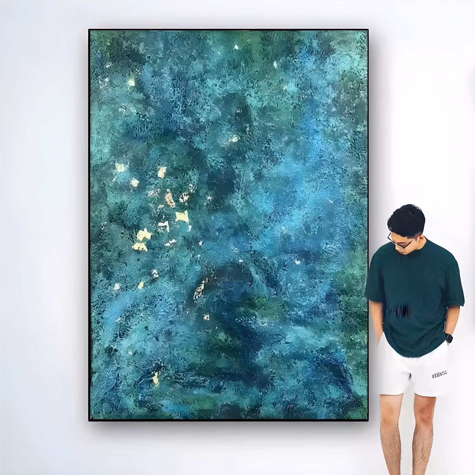 a large vertical abstract painting of a mottled teal and emerald field with cloudy darker pools, flecked with small squares of gold leaf near the left side, in thin textured layers of oil