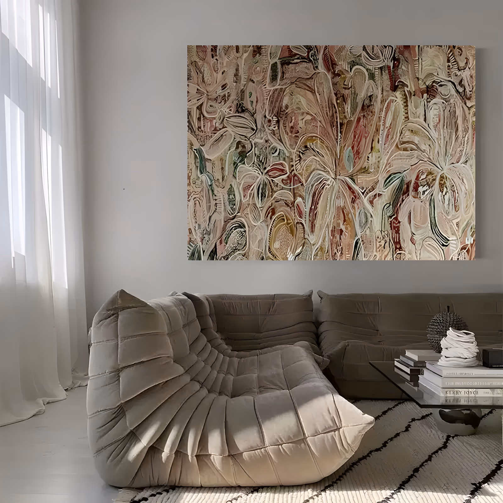 a large horizontal abstract painting of crowded swirling foliage and petal forms in muted beige, dusty rose, olive and rust, outlined in cream, packed over the full width in thick impasto brushwork