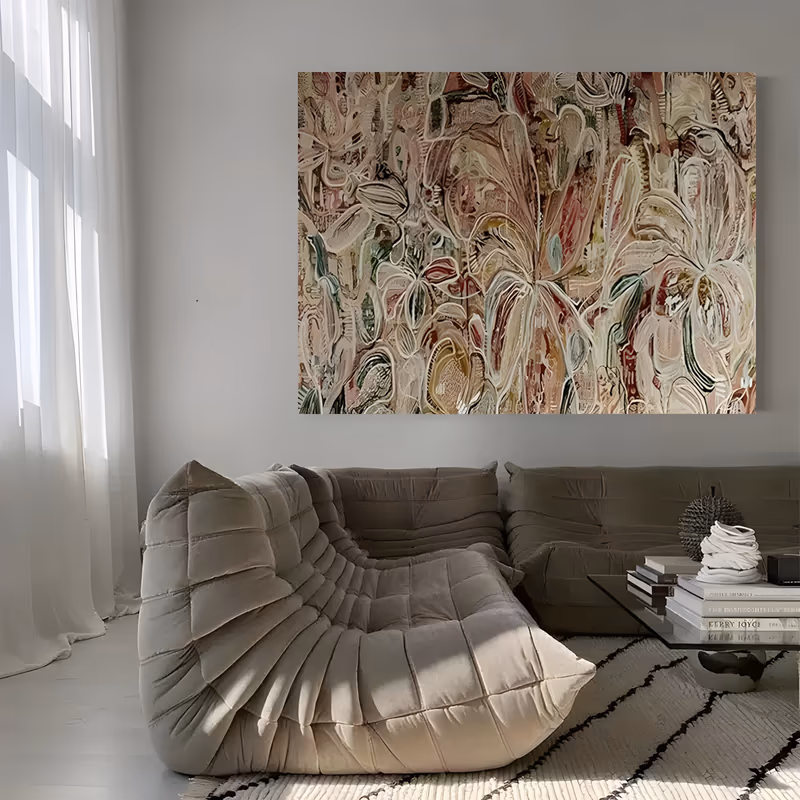 a large horizontal abstract painting of crowded swirling foliage and petal forms in muted beige, dusty rose, olive and rust, outlined in cream, packed over the full width in thick impasto brushwork