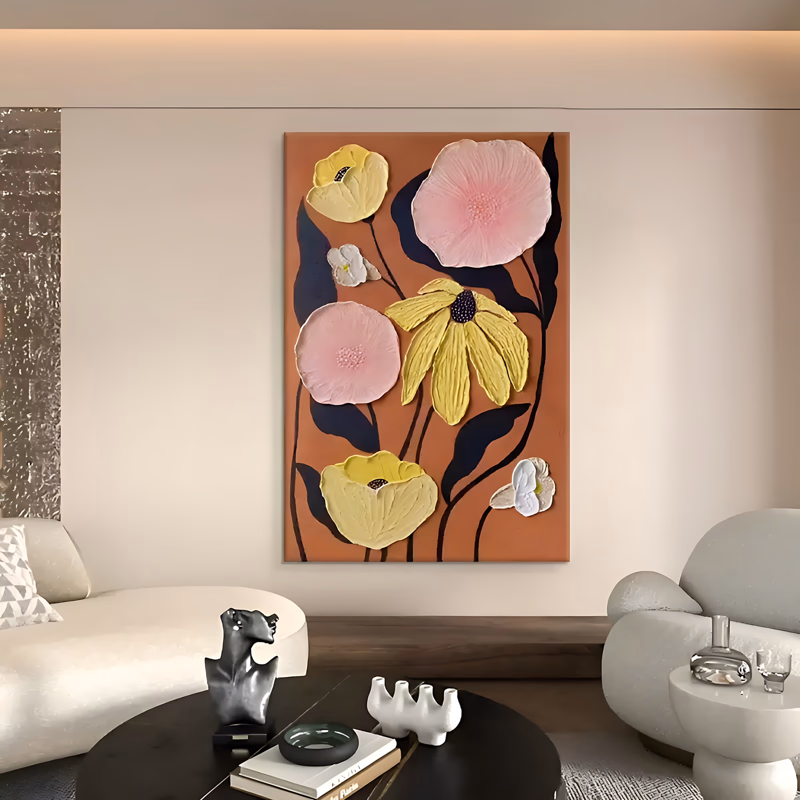 a large vertical relief painting of pink and yellow sculpted plaster poppies with dark purple centers, joined by small white blooms and navy stems and leaves, on a warm terracotta ground, in raised plaster