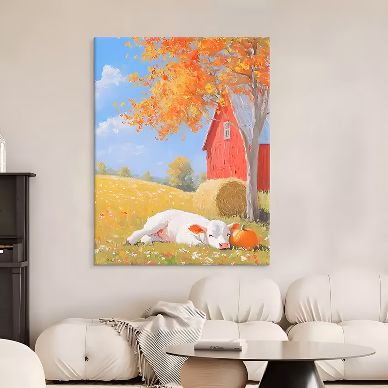 a large vertical impressionist painting of a white calf asleep in a yellow meadow beside an orange pumpkin, a round hay bale and a red barn under a blazing orange maple and blue sky, in soft oil