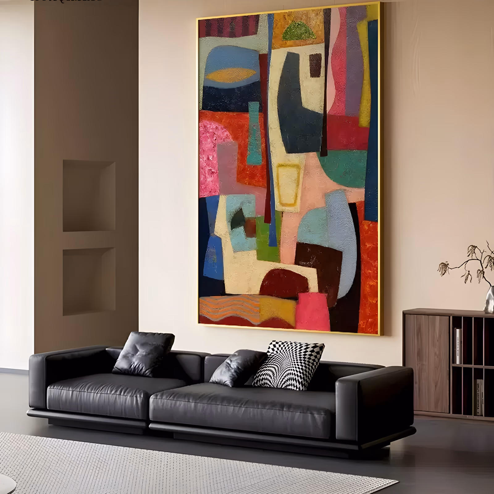 a large vertical cubist abstract painting built from faceted blocks and bars of crimson, hot pink, teal, navy and cream, stacked into a loose figure-like column on a warm ground, in matte textured oil