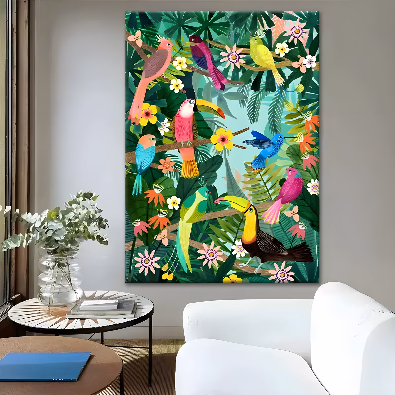 a large vertical illustrative painting of toucans, parrots and hummingbirds perched on brown branches among green jungle leaves, pink blossoms and turquoise sky, in flat hand-painted acrylic