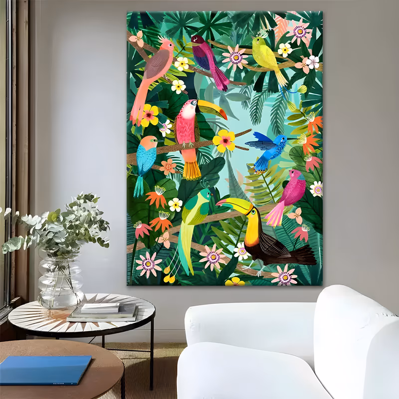 a large vertical illustrative painting of toucans, parrots and hummingbirds perched on brown branches among green jungle leaves, pink blossoms and turquoise sky, in flat hand-painted acrylic